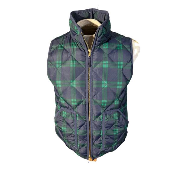J. Crew Jackets & Blazers - J.Crew Women’s Excursion Down Puffer Vest Navy Green Plaid Quilted Zip Size M